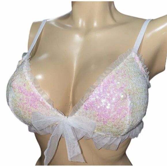 Victoria’s Secret Bling Sequin Embellished Mesh Triangle bralette bra Medium - Picture 2 of 8